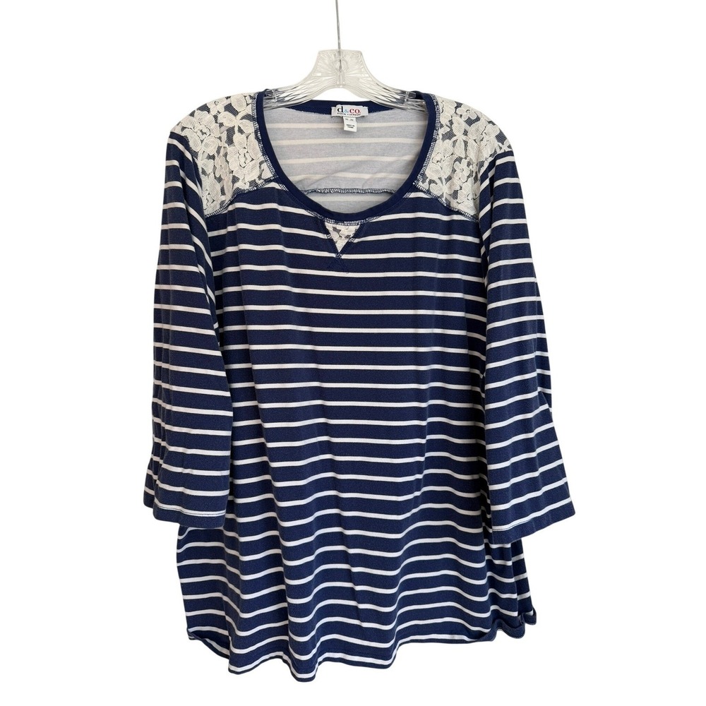 Denim & Co Navy White Striped Lace Shoulder 3/4 Sleeve Top Plus 3X